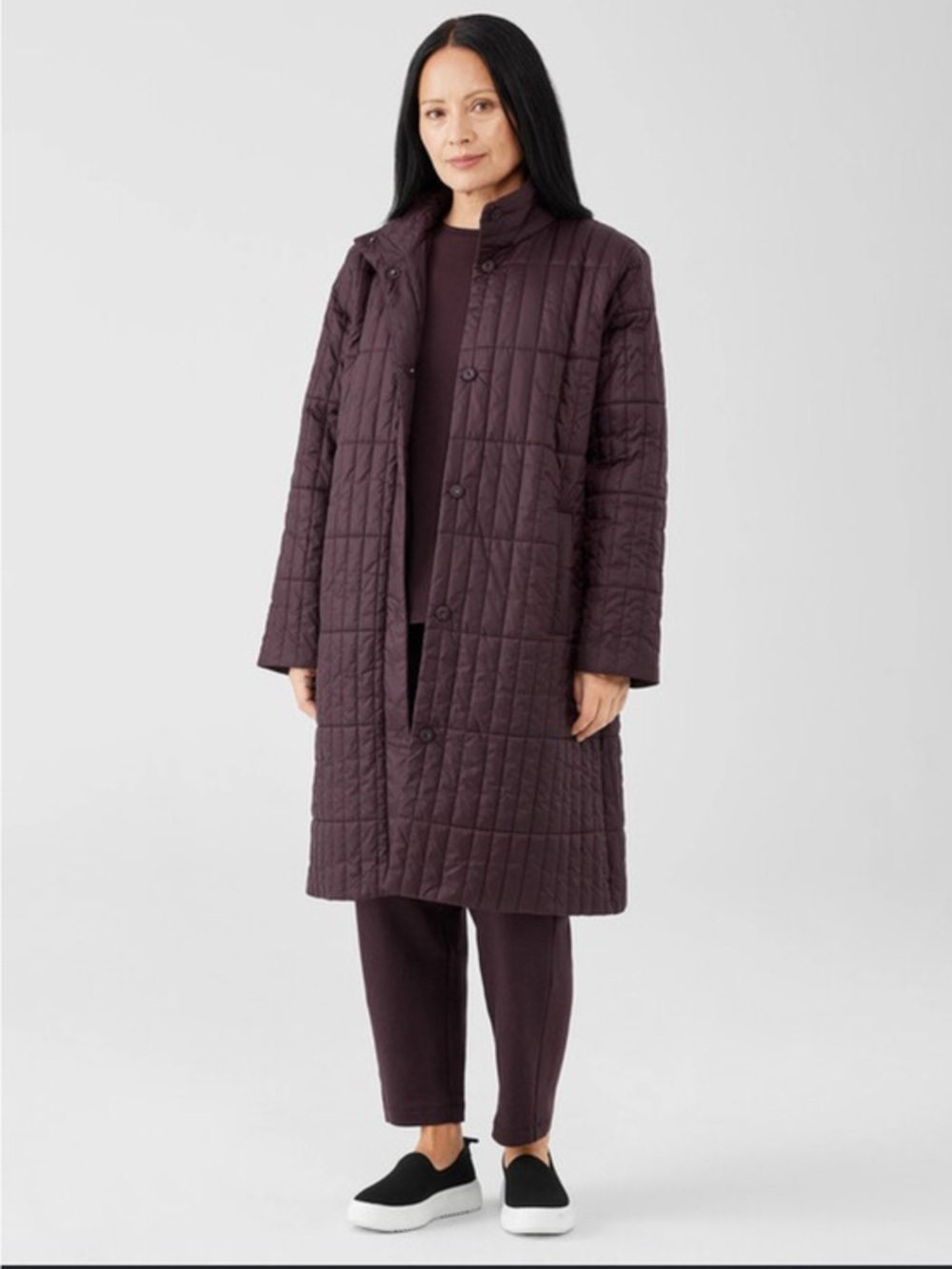 Eileen Fisher medium Eggshell Recycled Nylon Stand Collar Coat